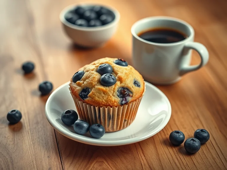 Freshly baked Greek yogurt blueberry muffins with a golden-brown top and plump blueberries, served on a white plate.