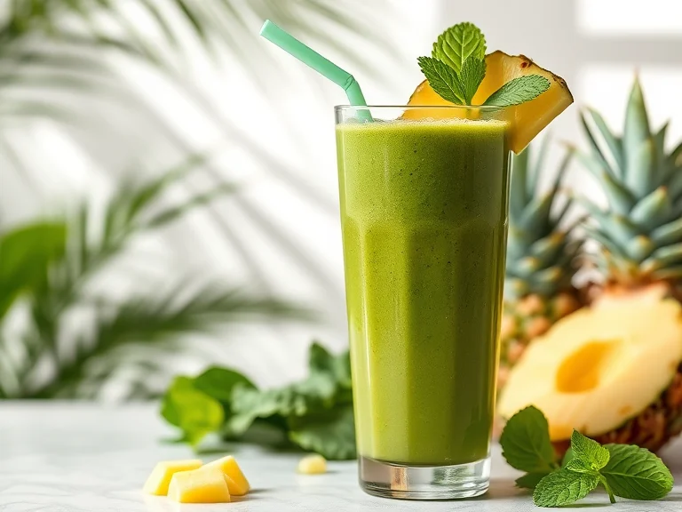 A green smoothie with pineapple, mint, and fresh fruits, surrounded by veggies.