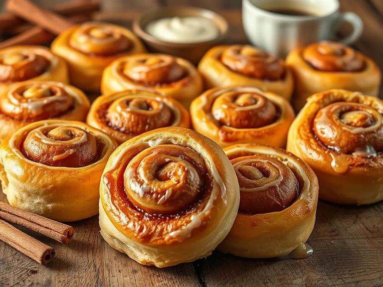 A tray of freshly baked Rhodes cinnamon rolls, golden brown with a swirl of icing drizzled on top.