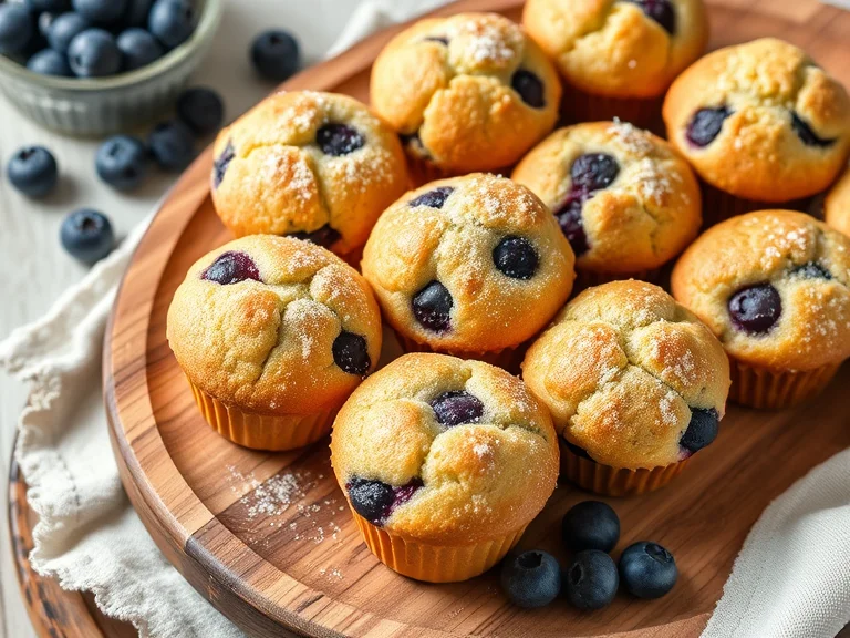 A close-up shot of mini blueberry muffins arranged on a plate, with some whole blueberries scattered around.