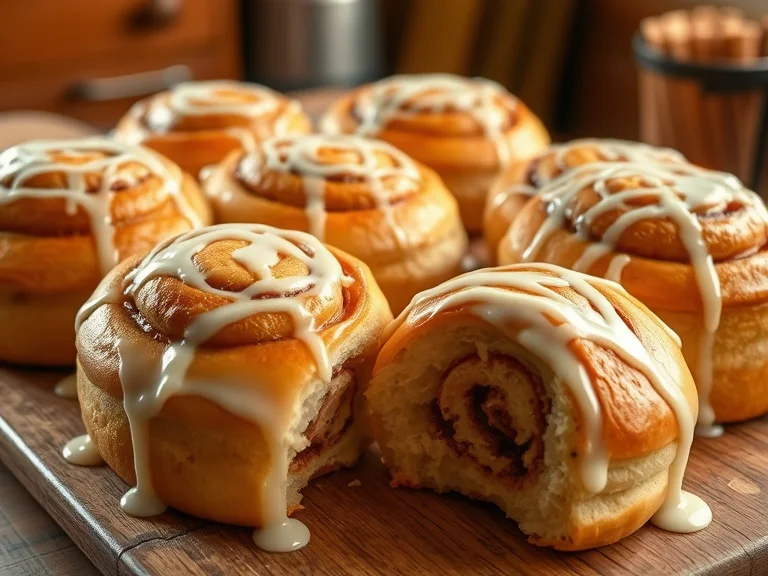 A freshly baked batch of Rhodes cinnamon rolls, golden brown with a swirl of cinnamon sugar, drizzled with a smooth glaze.