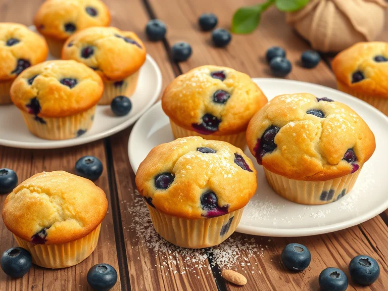 Freshly baked mini blueberry muffins on a plate, surrounded by loose blueberries and a light dusting of powdered sugar