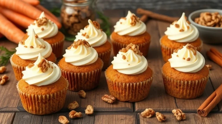 Mini carrot cakes with cream cheese frosting and walnut garnish.