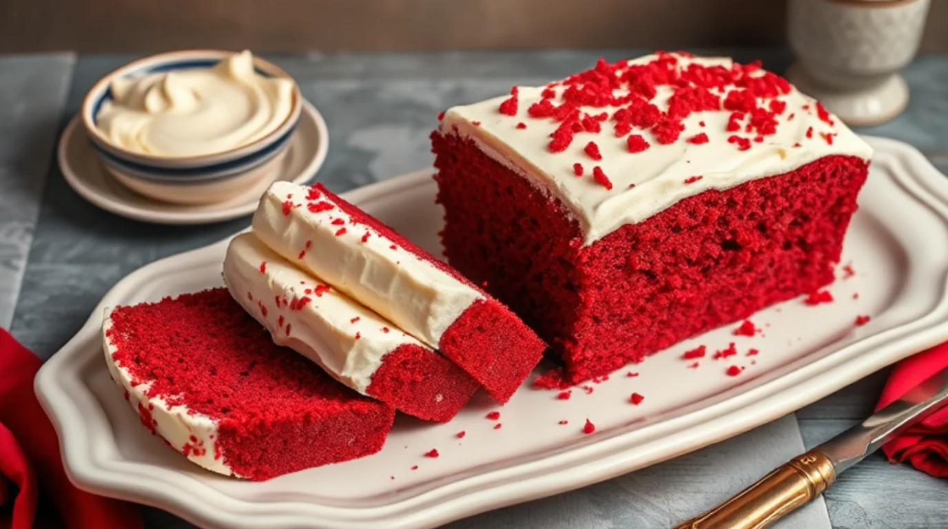 Red velvet pound cake with cream cheese glaze and red crumbs.