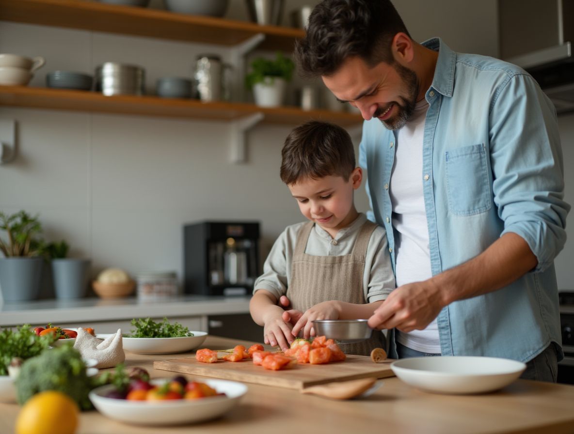 A man cooks with his son