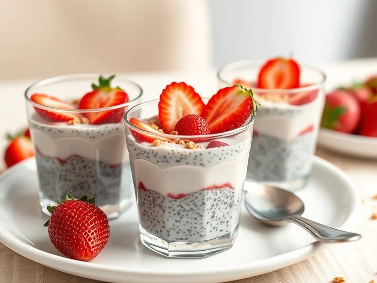 Three small glasses of Strawberry Chia Pudding topped with fresh strawberries and granola, placed on a white plate with a fork beside them.