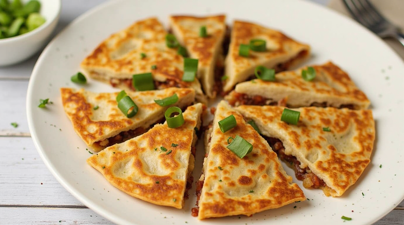 Golden brown quesadilla slices with melted cheese and filling, served on a white plate, freshly made in an air fryer