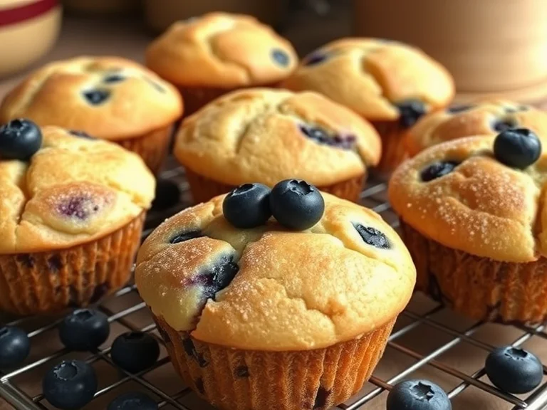 Freshly baked Greek yogurt blueberry muffins with a golden brown top and scattered blueberries.