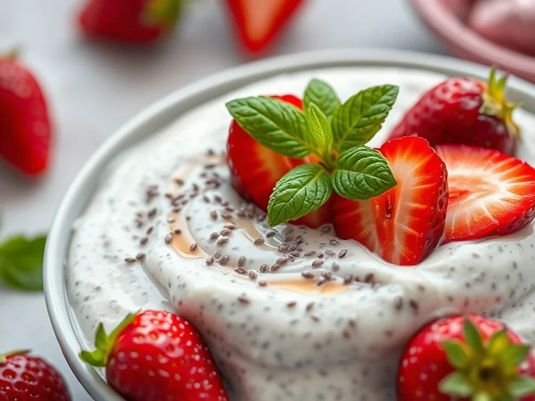 A creamy bowl of strawberry chia pudding topped with fresh strawberries and mint leaves.