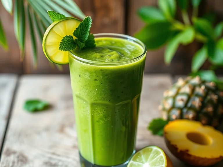 Detox Island Green Smoothie with tropical fruits and spinach.