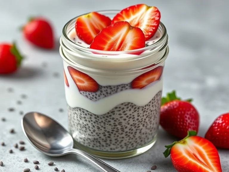 A vibrant bowl of strawberry chia pudding topped with fresh strawberries and a drizzle of honey.