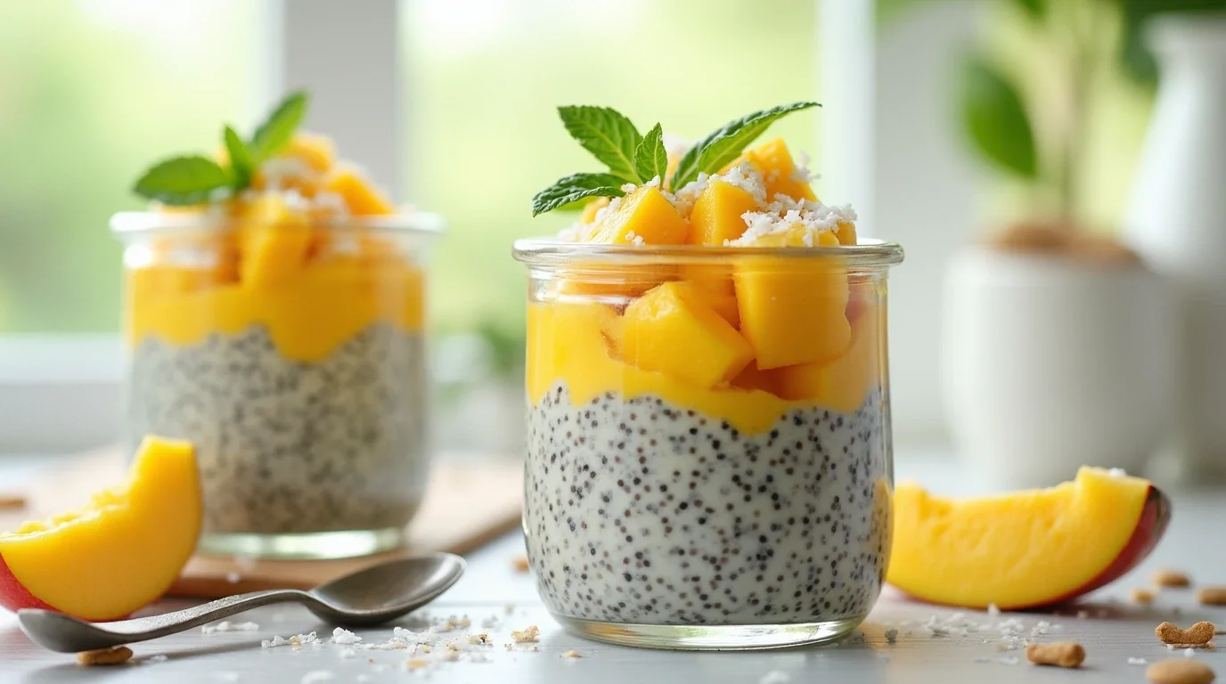 A refreshing bowl of mango chia pudding topped with fresh mango slices and a sprinkle of chia seeds.