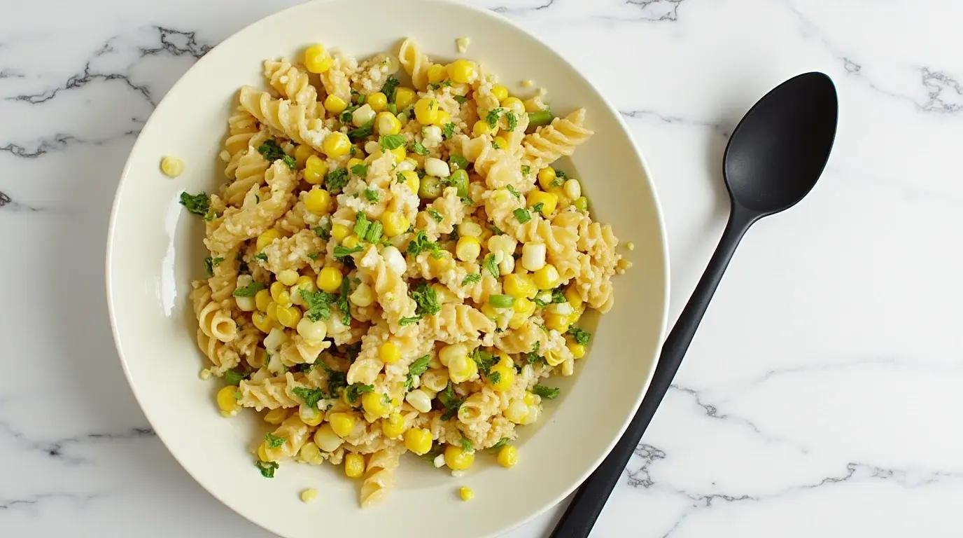 Elote Pasta Salad in a bowl with fresh corn and creamy dressing